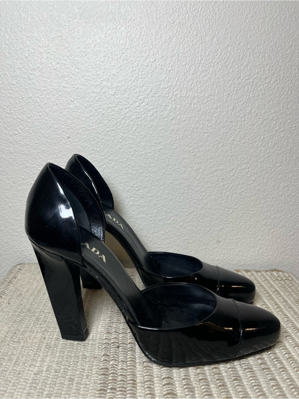 Prada D’Orsay Black Patent Leather Block Heel Pumps 7.5/37.5
